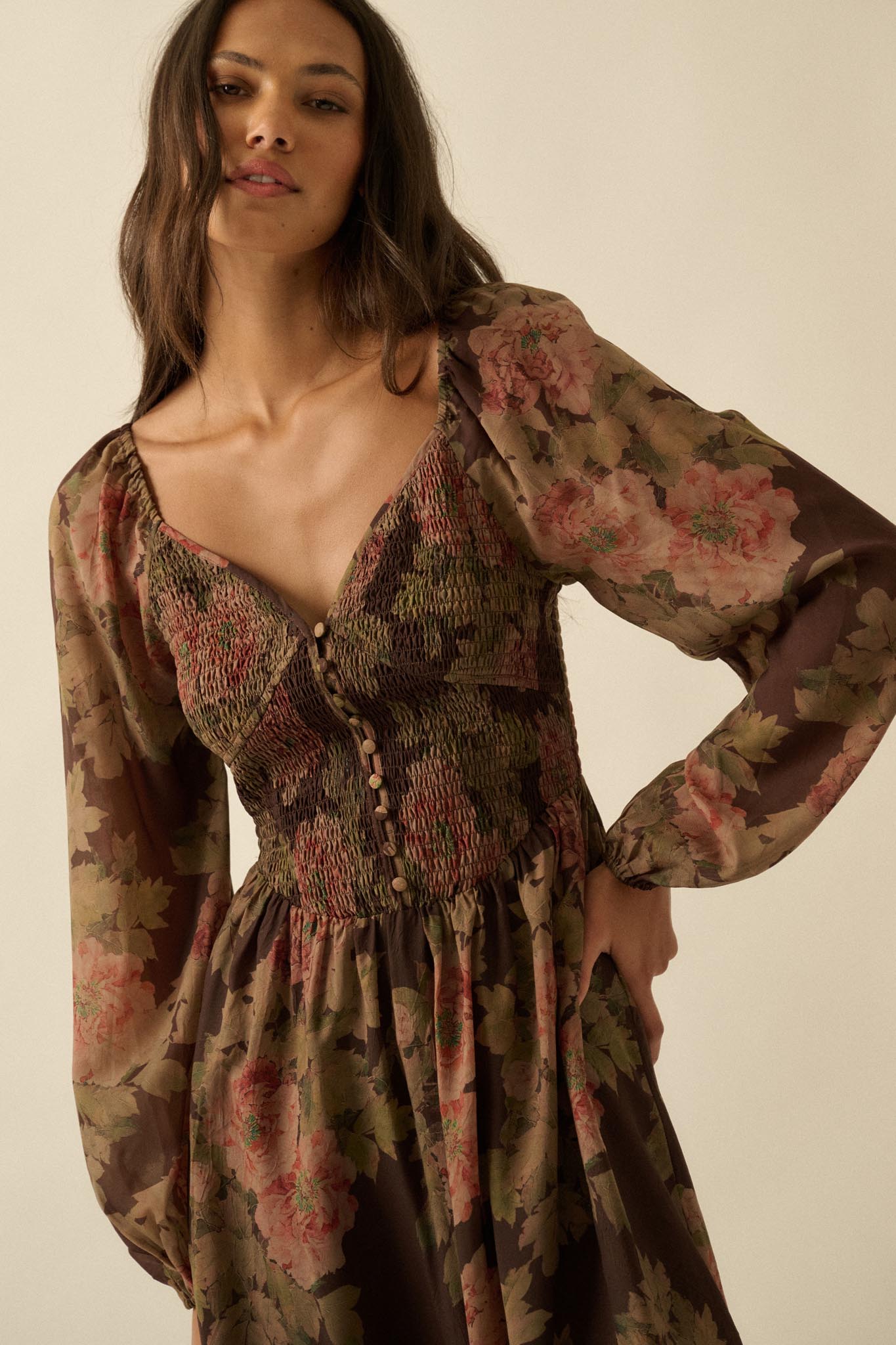 Peaceful Petals Smocked Floral Midi Peasant Dress
