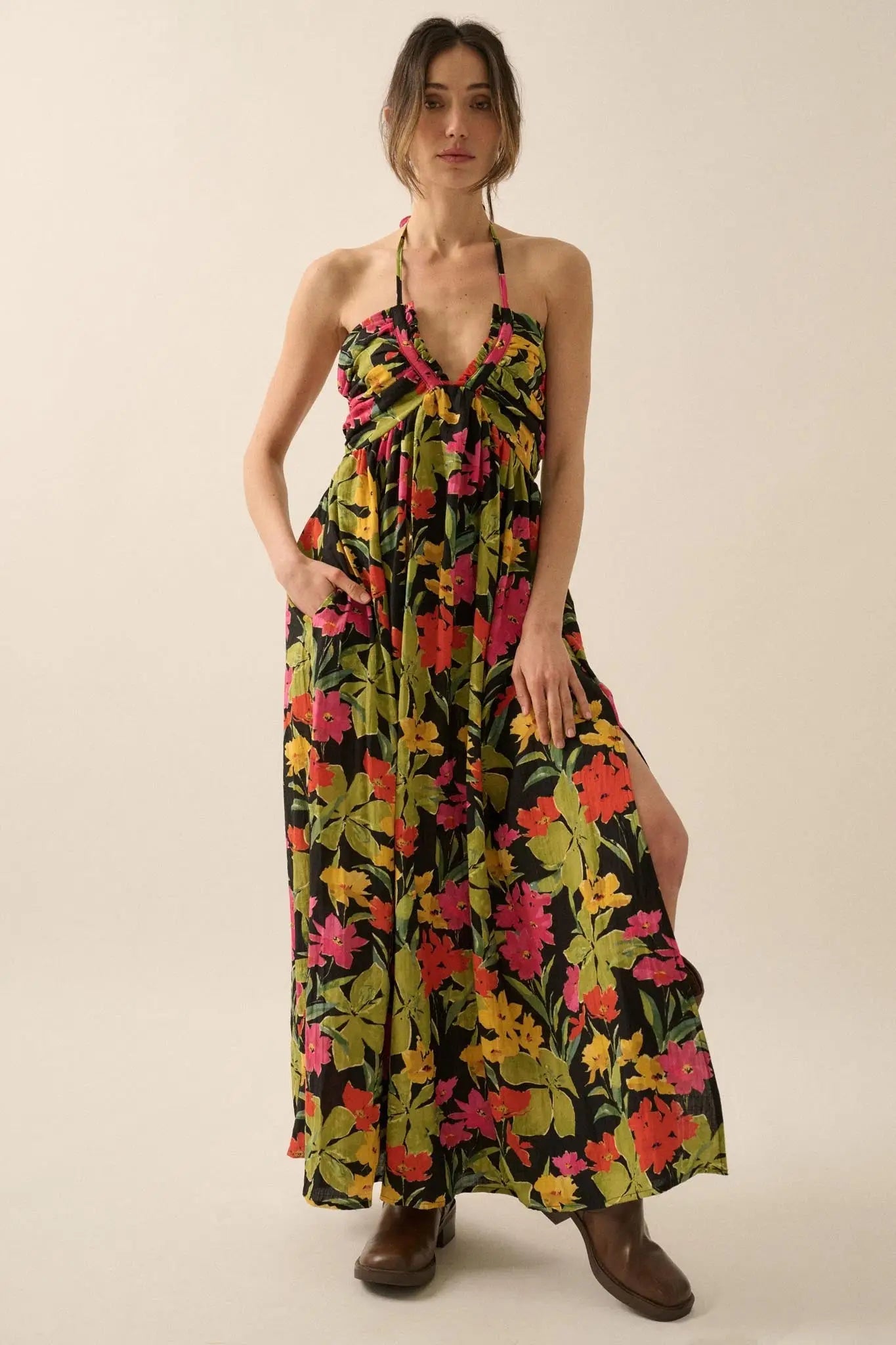 Lovely Luau Tropical Floral Halter Maxi Dress