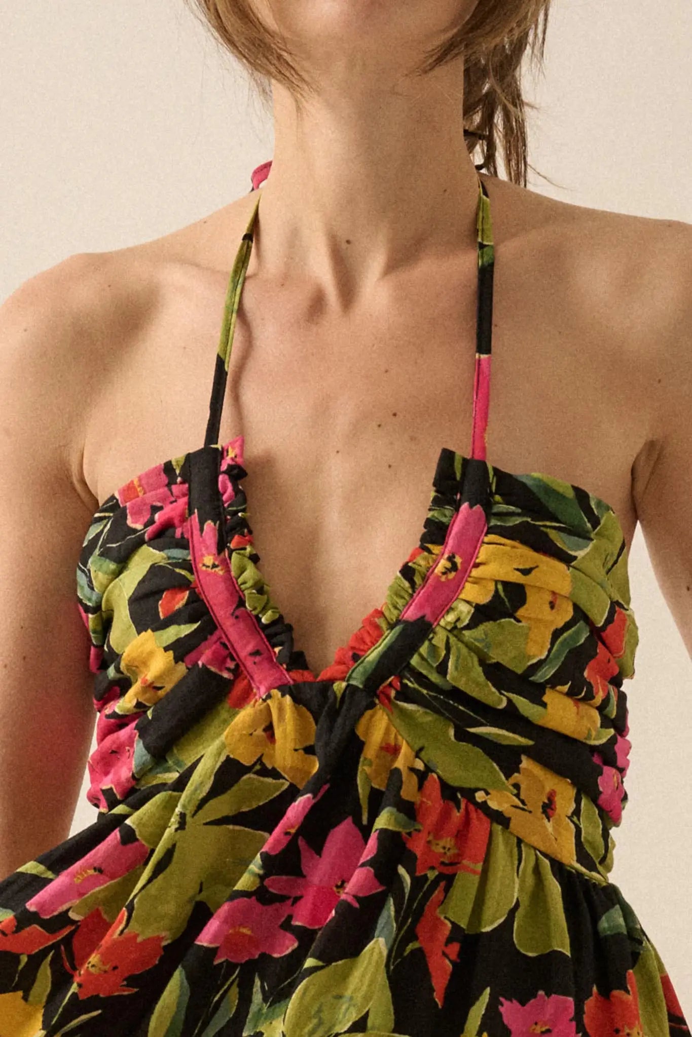 Lovely Luau Tropical Floral Halter Maxi Dress