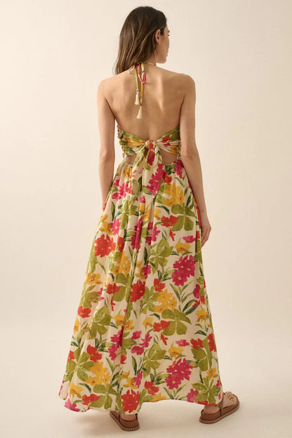 Lovely Luau Tropical Floral Halter Maxi Dress