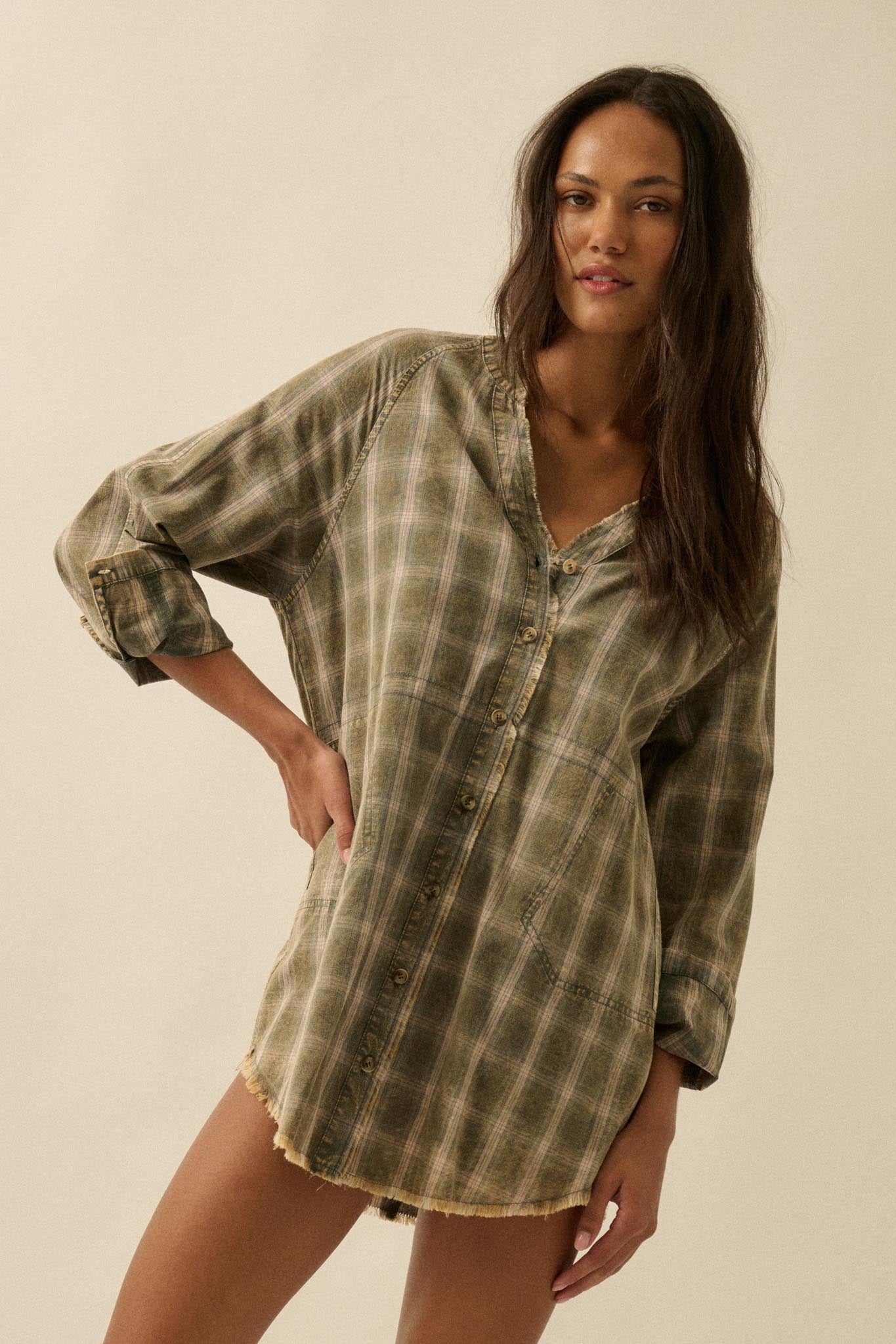 Back Roads Plaid Flannel Raw-Edge Mini Shirt Dress