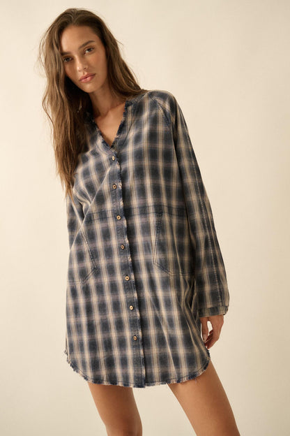Back Roads Plaid Flannel Raw-Edge Mini Shirt Dress