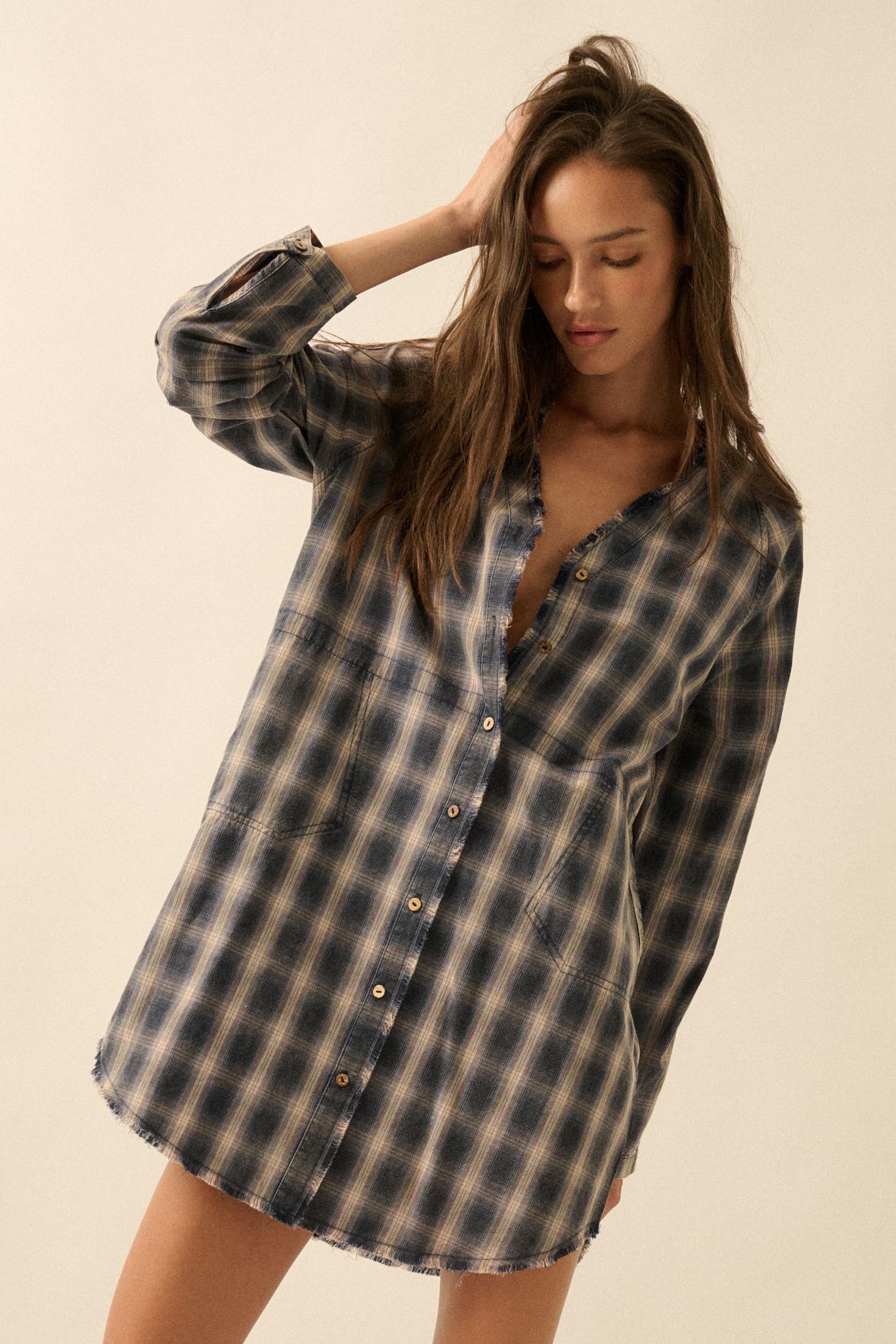 Back Roads Plaid Flannel Raw-Edge Mini Shirt Dress