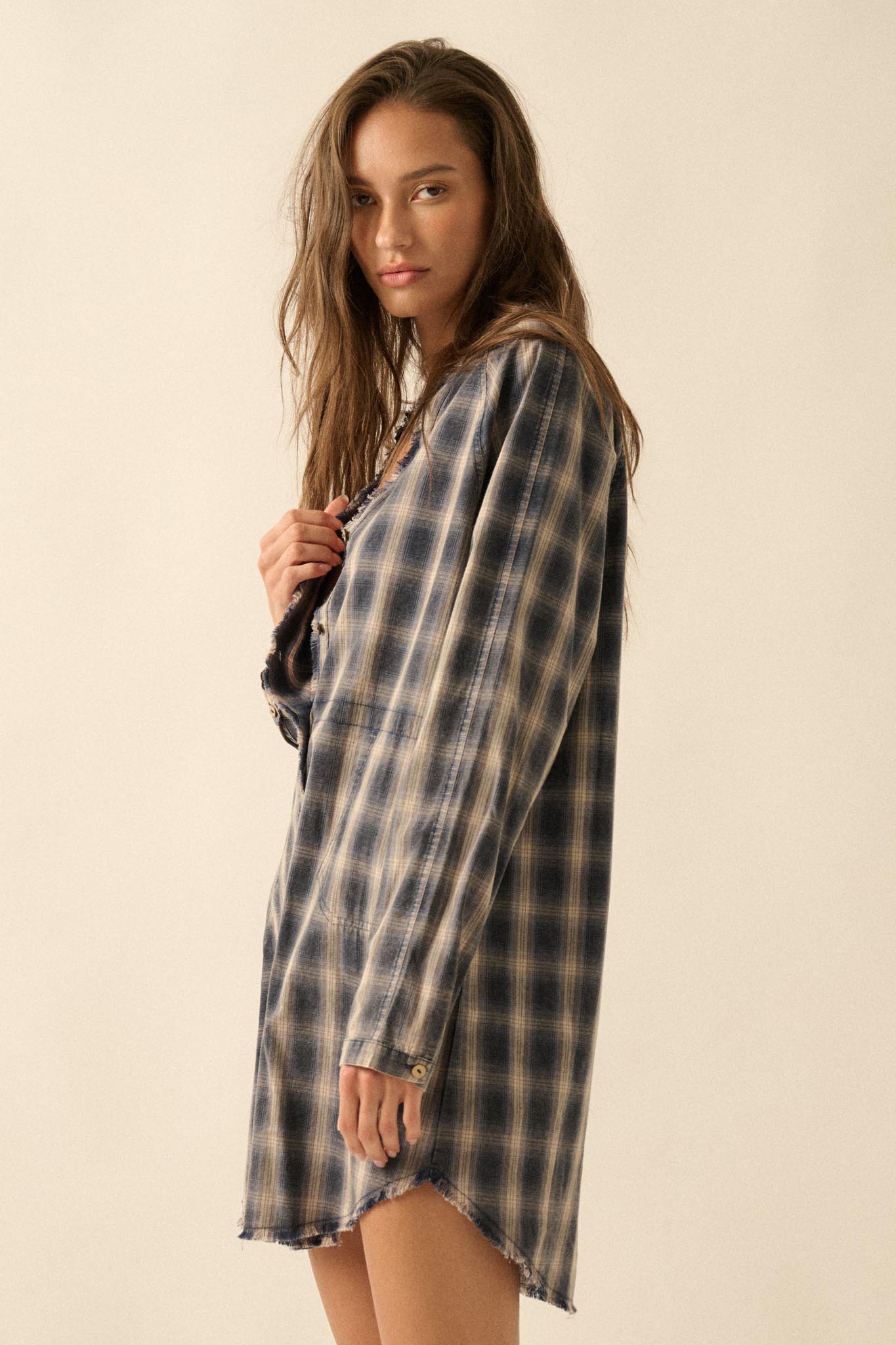 Back Roads Plaid Flannel Raw-Edge Mini Shirt Dress