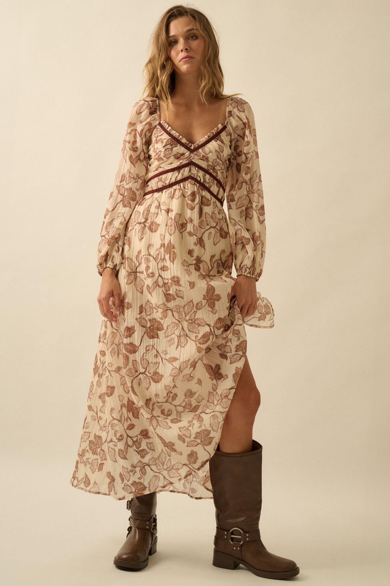 Beautiful Roots Floral Velvet-Trim Maxi Dress
