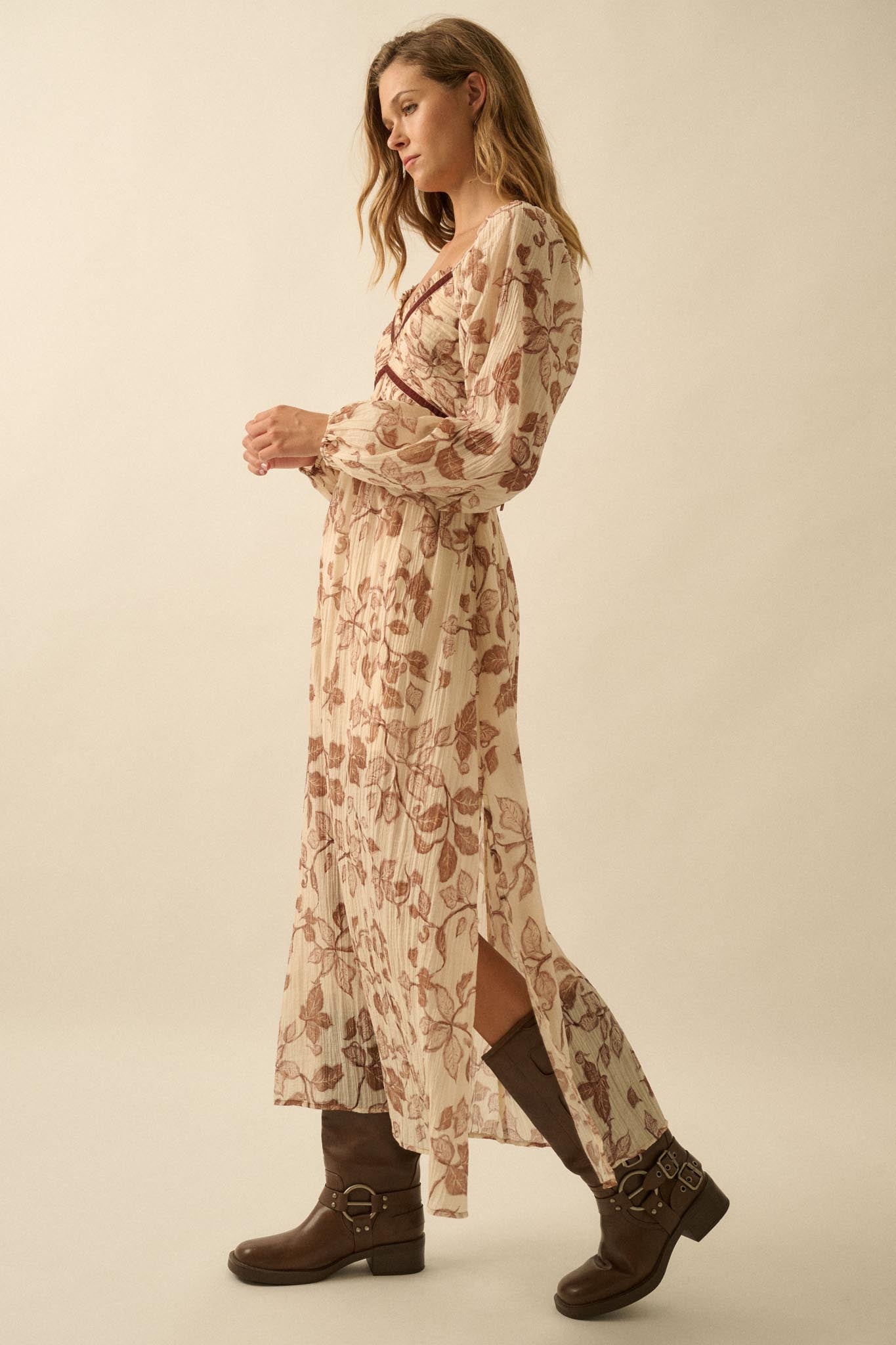 Beautiful Roots Floral Velvet-Trim Maxi Dress