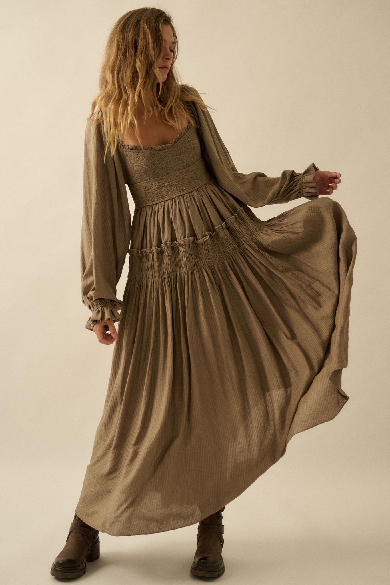 Love Story Smocked Tonal-Stripe Midi Peasant Dress