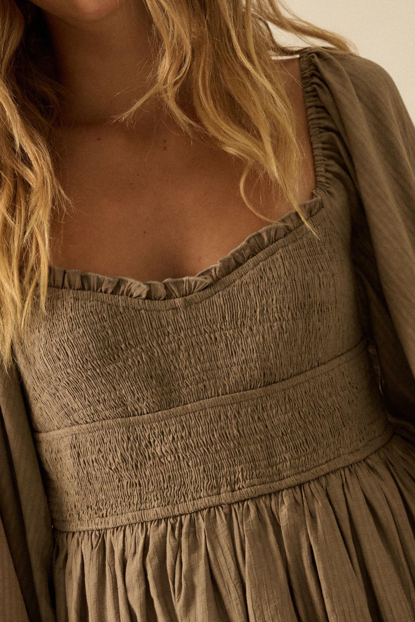 Love Story Smocked Tonal-Stripe Midi Peasant Dress