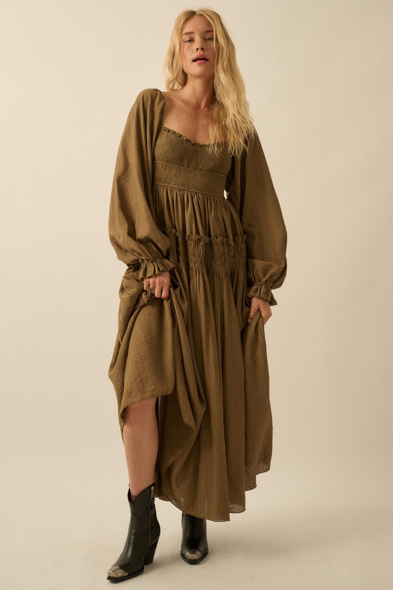 Love Story Smocked Tonal-Stripe Midi Peasant Dress