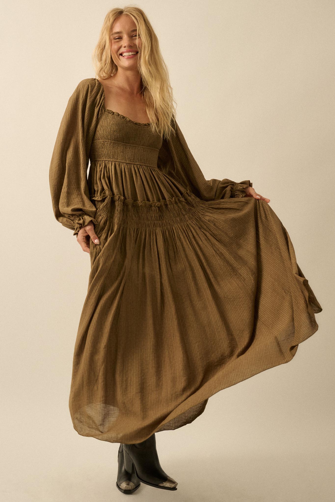 Love Story Smocked Tonal-Stripe Midi Peasant Dress
