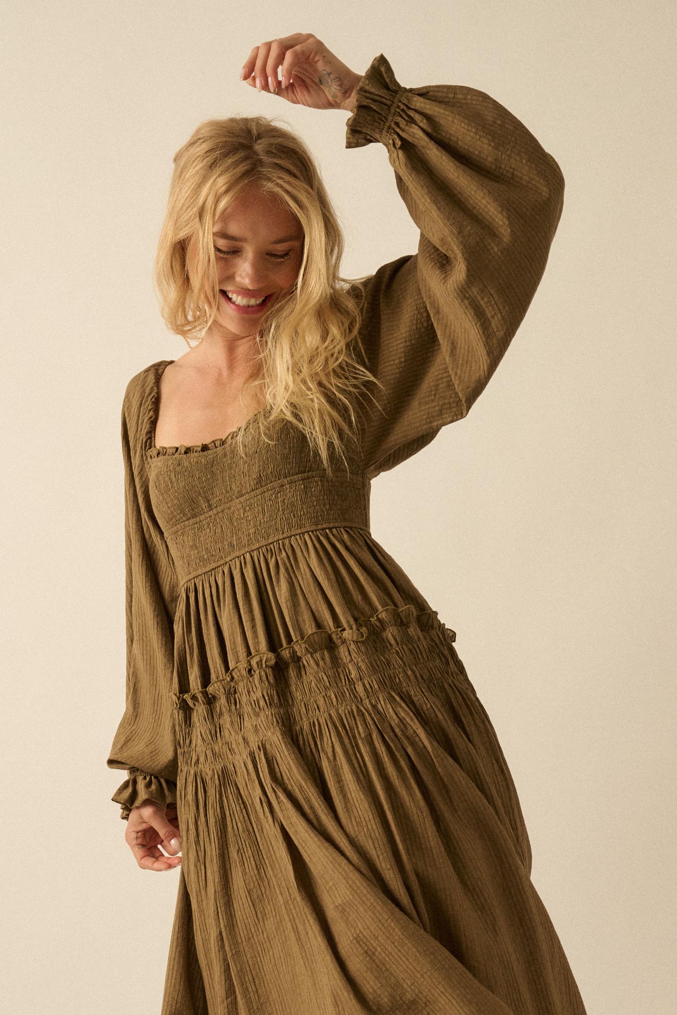 Love Story Smocked Tonal-Stripe Midi Peasant Dress