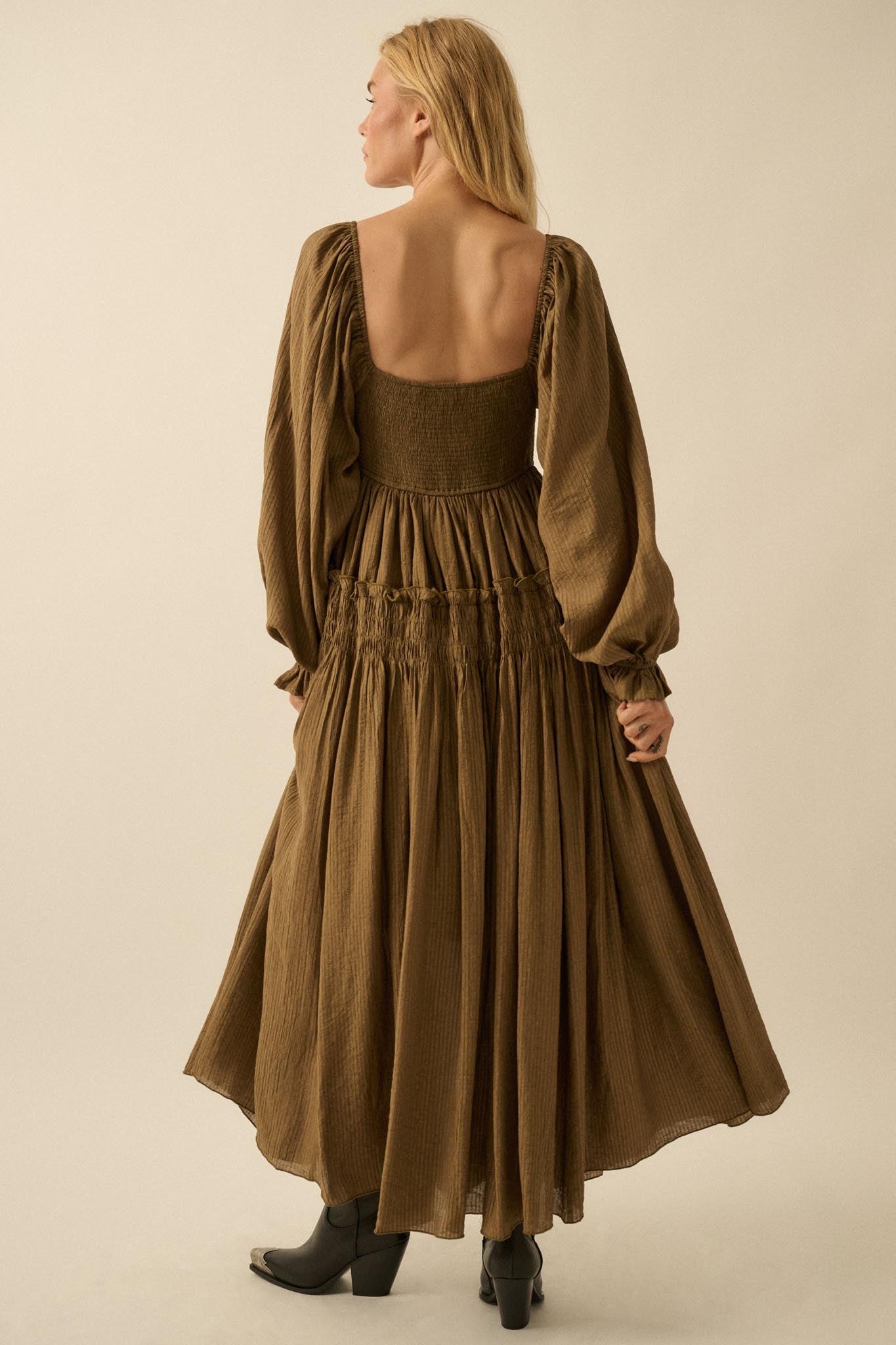 Love Story Smocked Tonal-Stripe Midi Peasant Dress