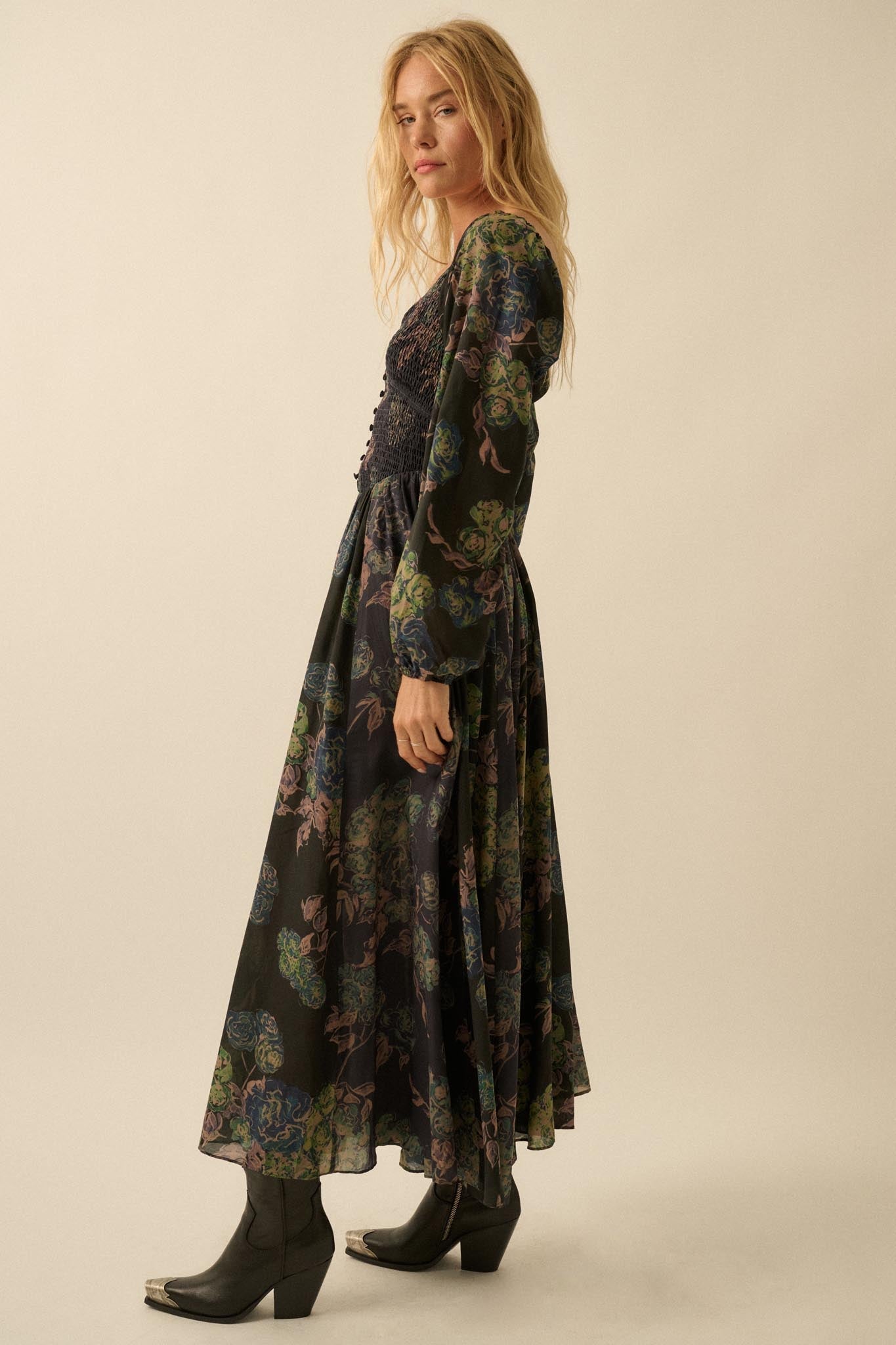 Beautiful Blooms Smocked Floral Maxi Peasant Dress