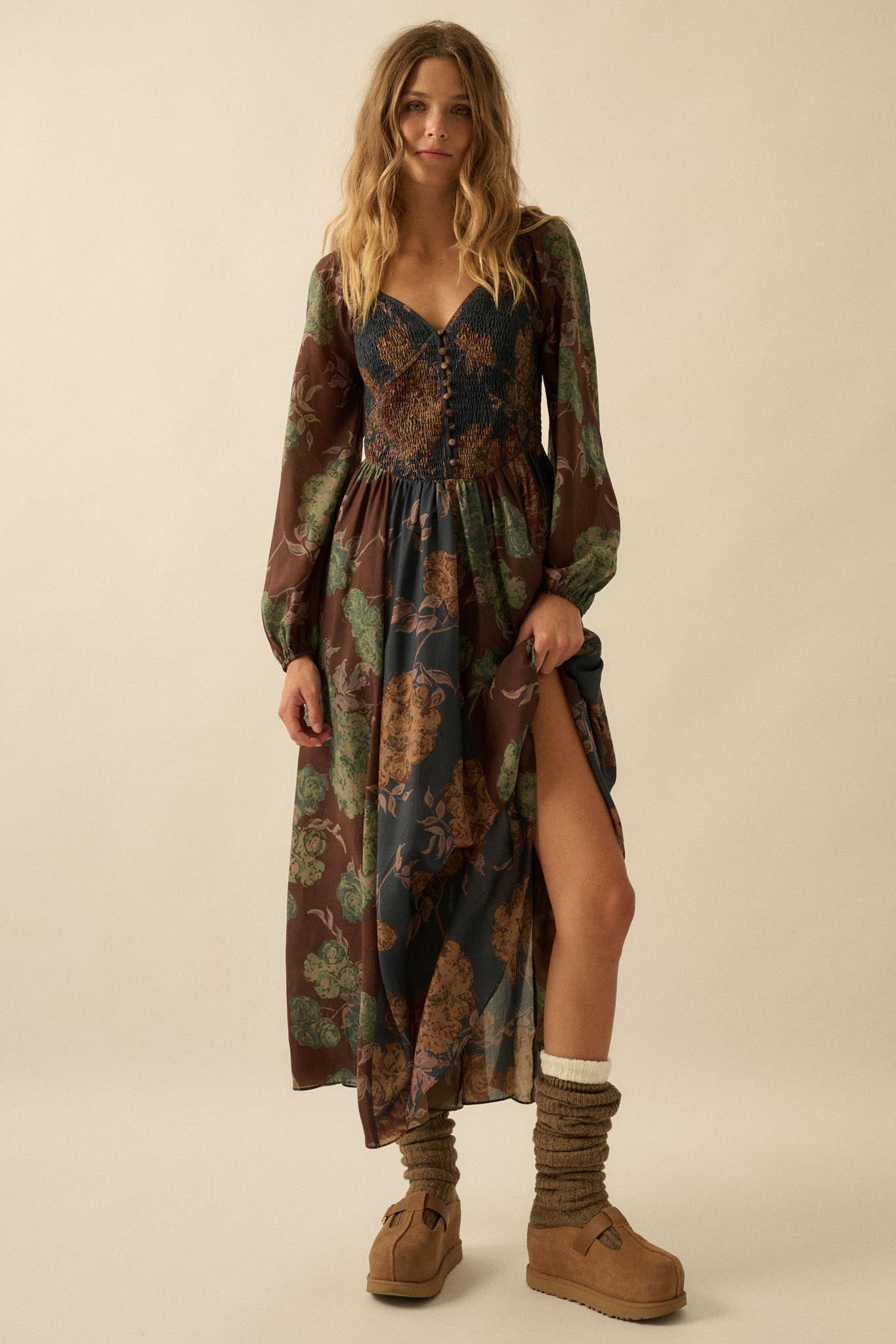 Beautiful Blooms Smocked Floral Maxi Peasant Dress