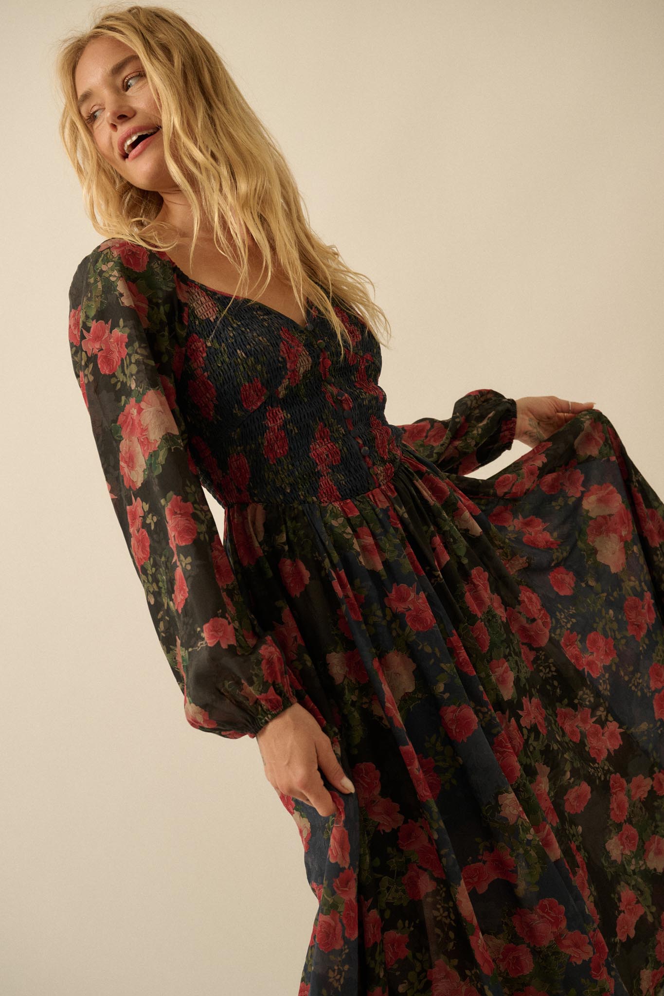 Refined Roses Smocked Floral Maxi Peasant Dress