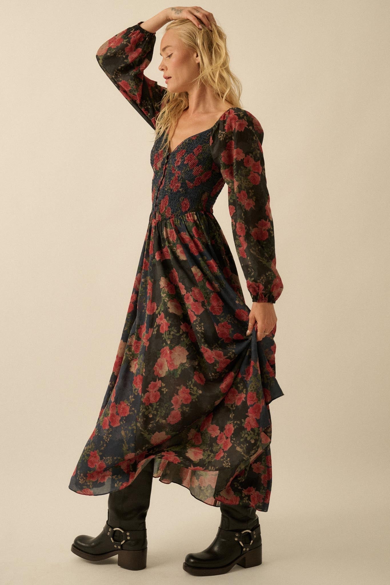 Refined Roses Smocked Floral Maxi Peasant Dress