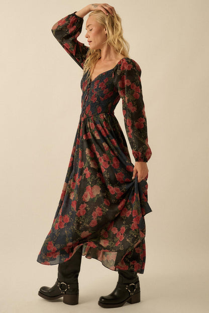 Refined Roses Smocked Floral Maxi Peasant Dress