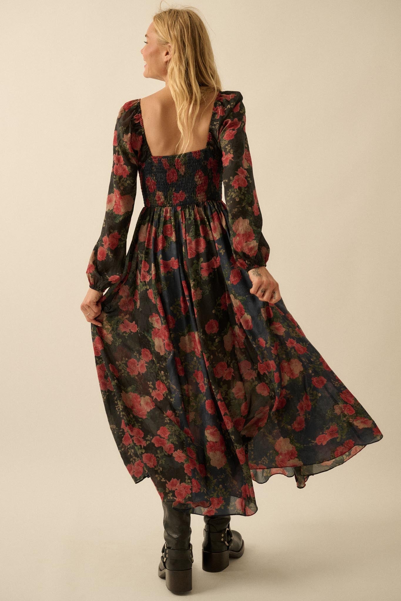 Refined Roses Smocked Floral Maxi Peasant Dress