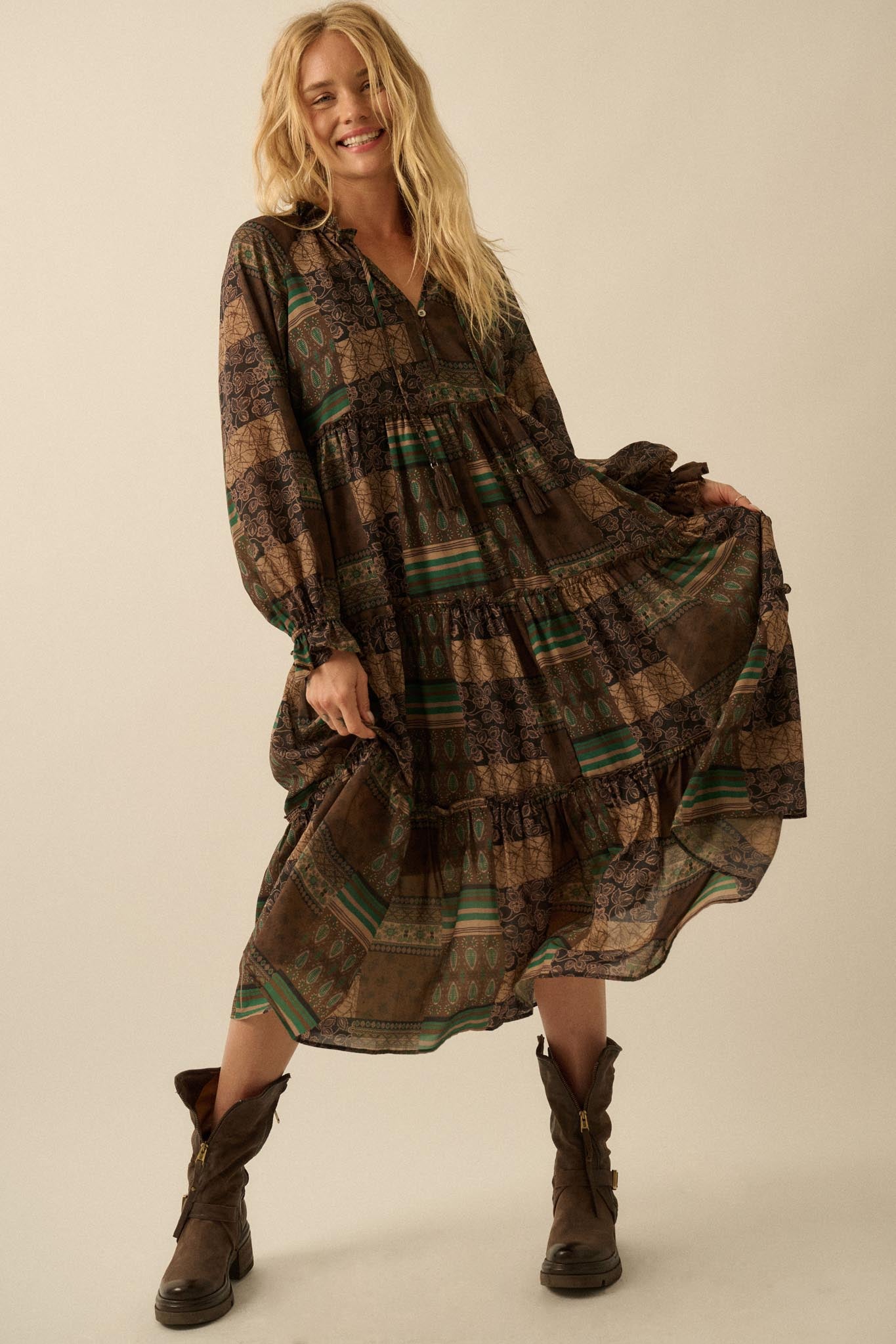 Piece by Piece Patchwork-Print Midi Prairie Dress