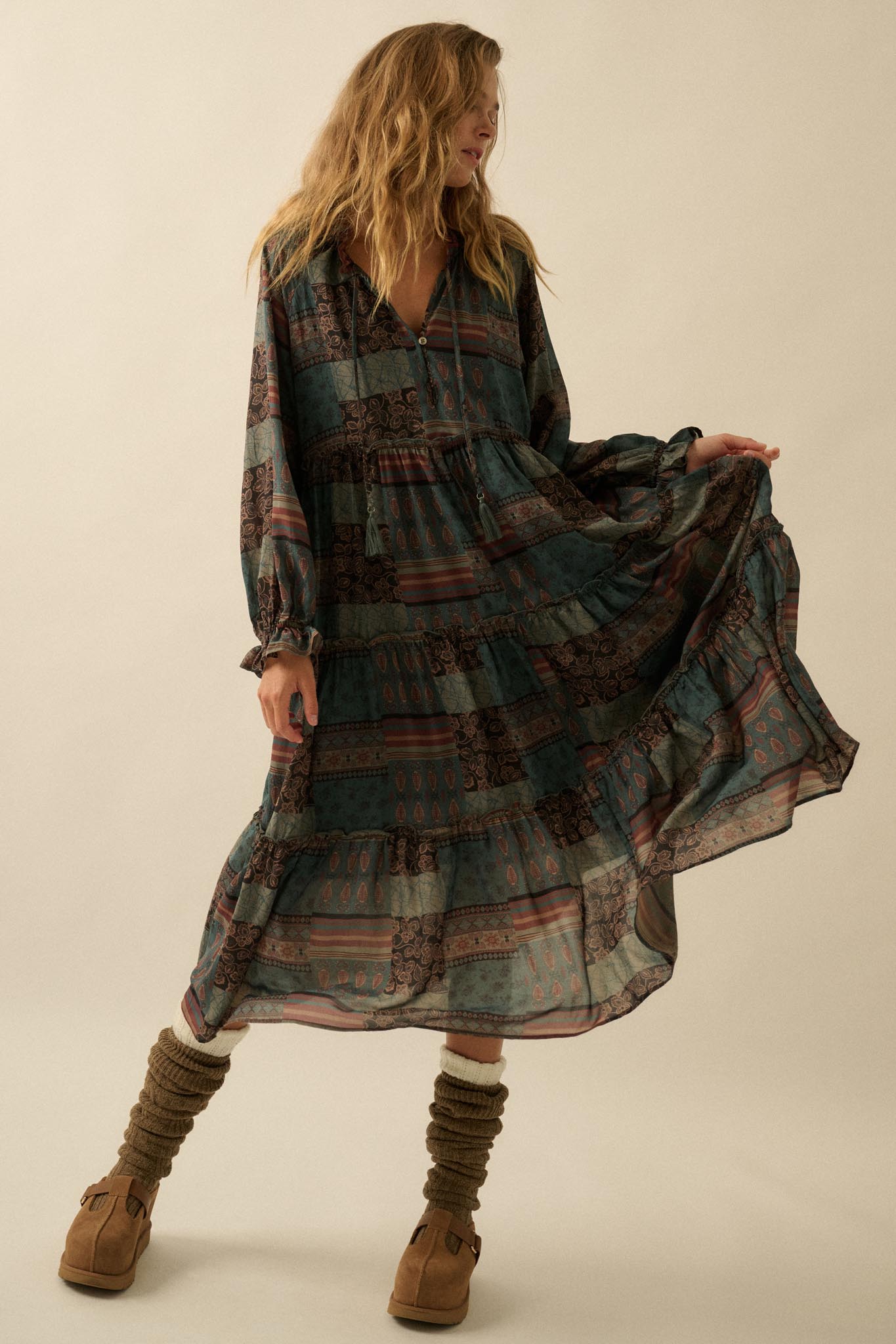 Piece by Piece Patchwork-Print Midi Prairie Dress