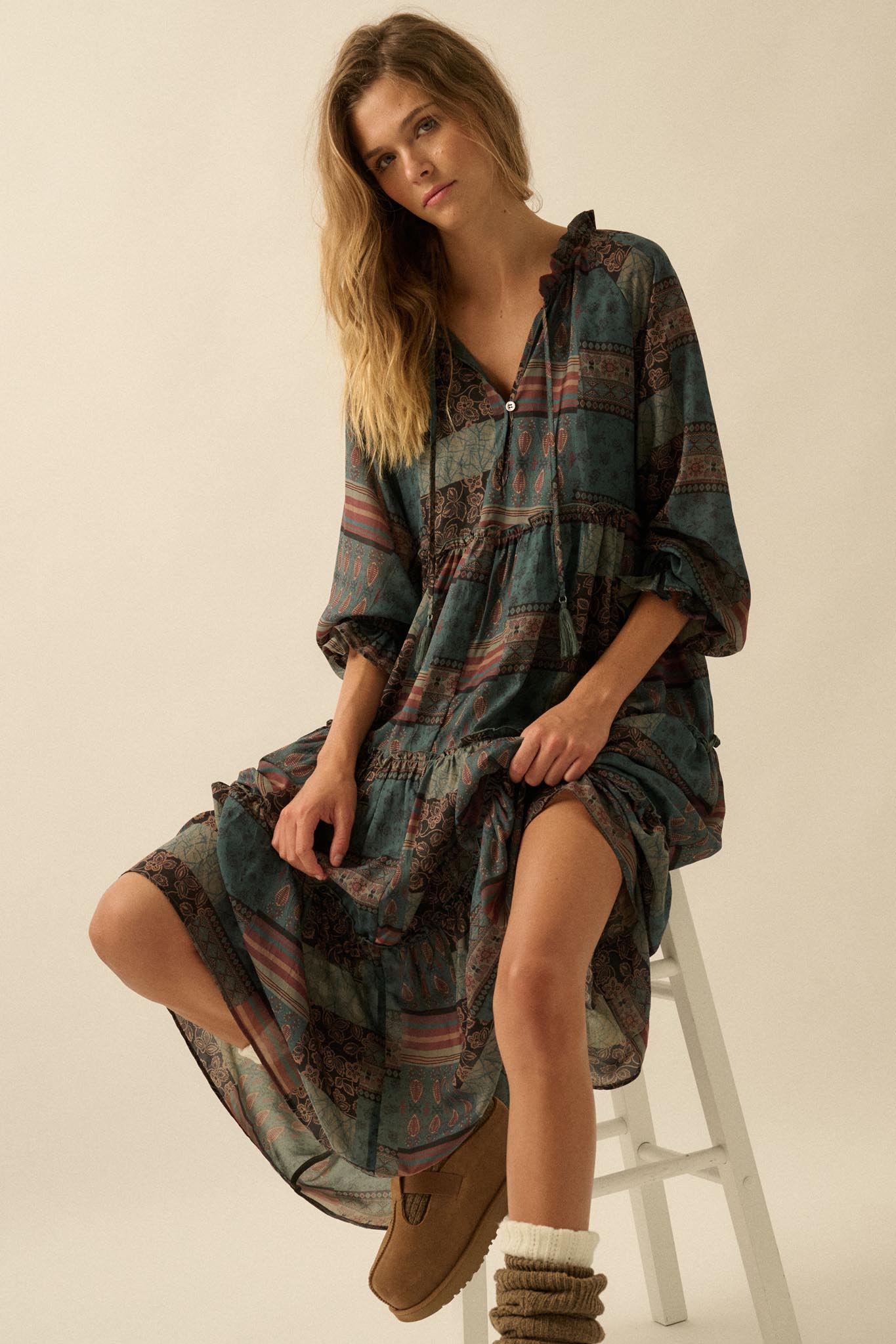 Piece by Piece Patchwork-Print Midi Prairie Dress