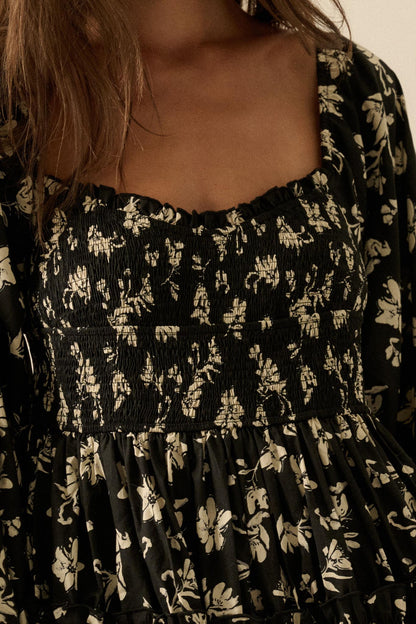 Lost Blossoms Smocked Floral Midi Peasant Dress