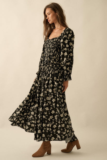 Lost Blossoms Smocked Floral Midi Peasant Dress