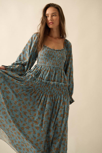 Field Day Floral Plaid Smocked Midi Peasant Dress
