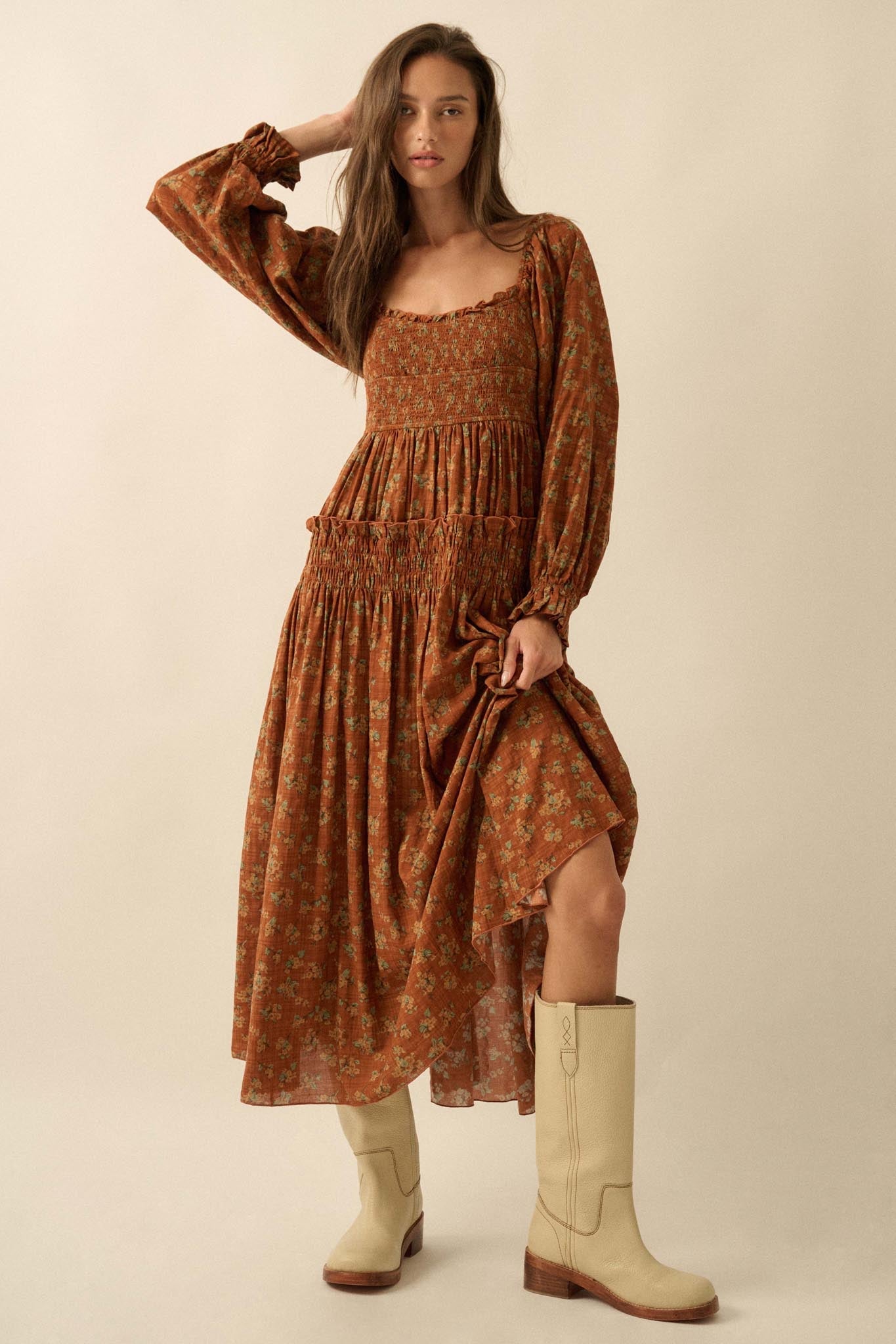 Field Day Floral Plaid Smocked Midi Peasant Dress