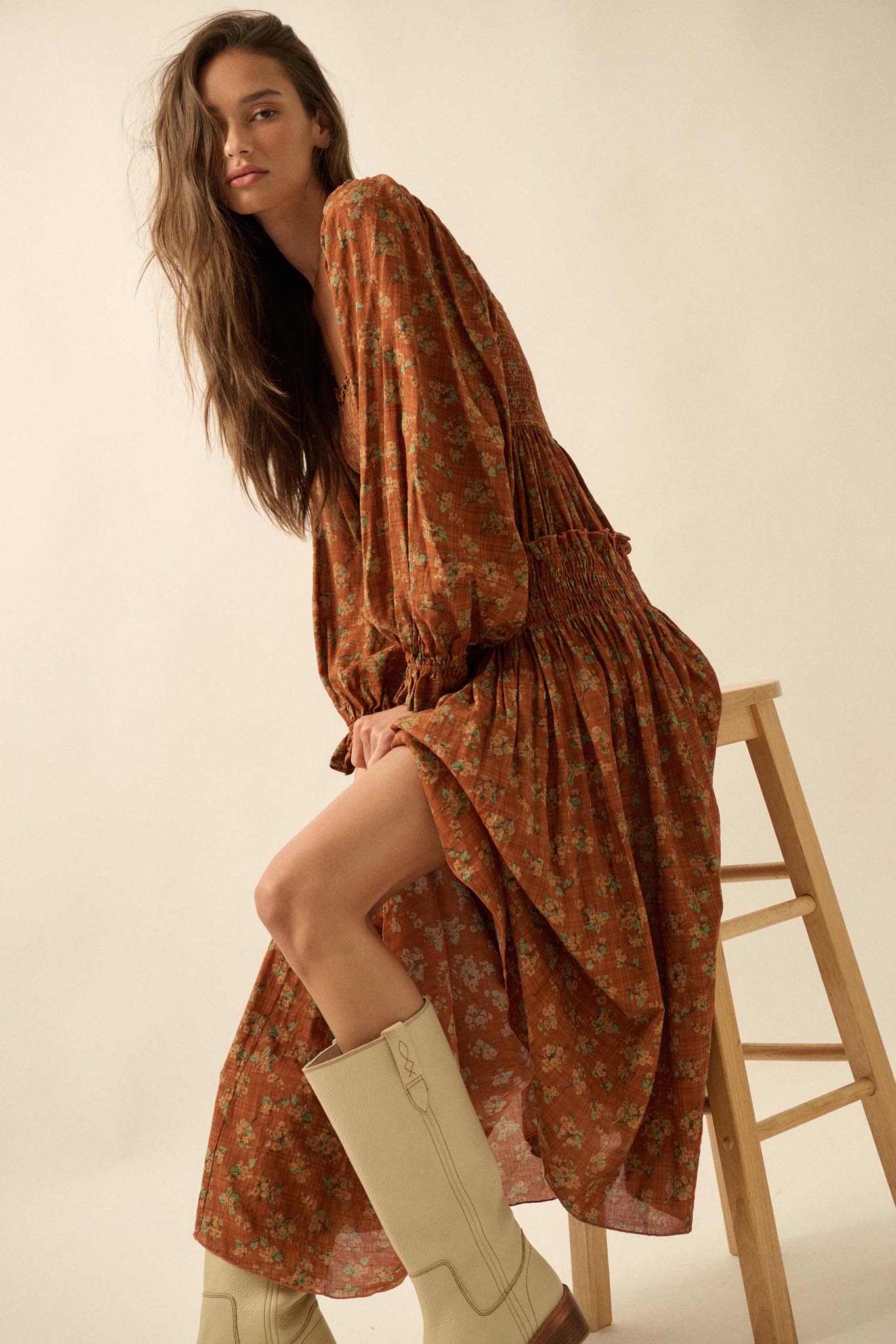 Field Day Floral Plaid Smocked Midi Peasant Dress