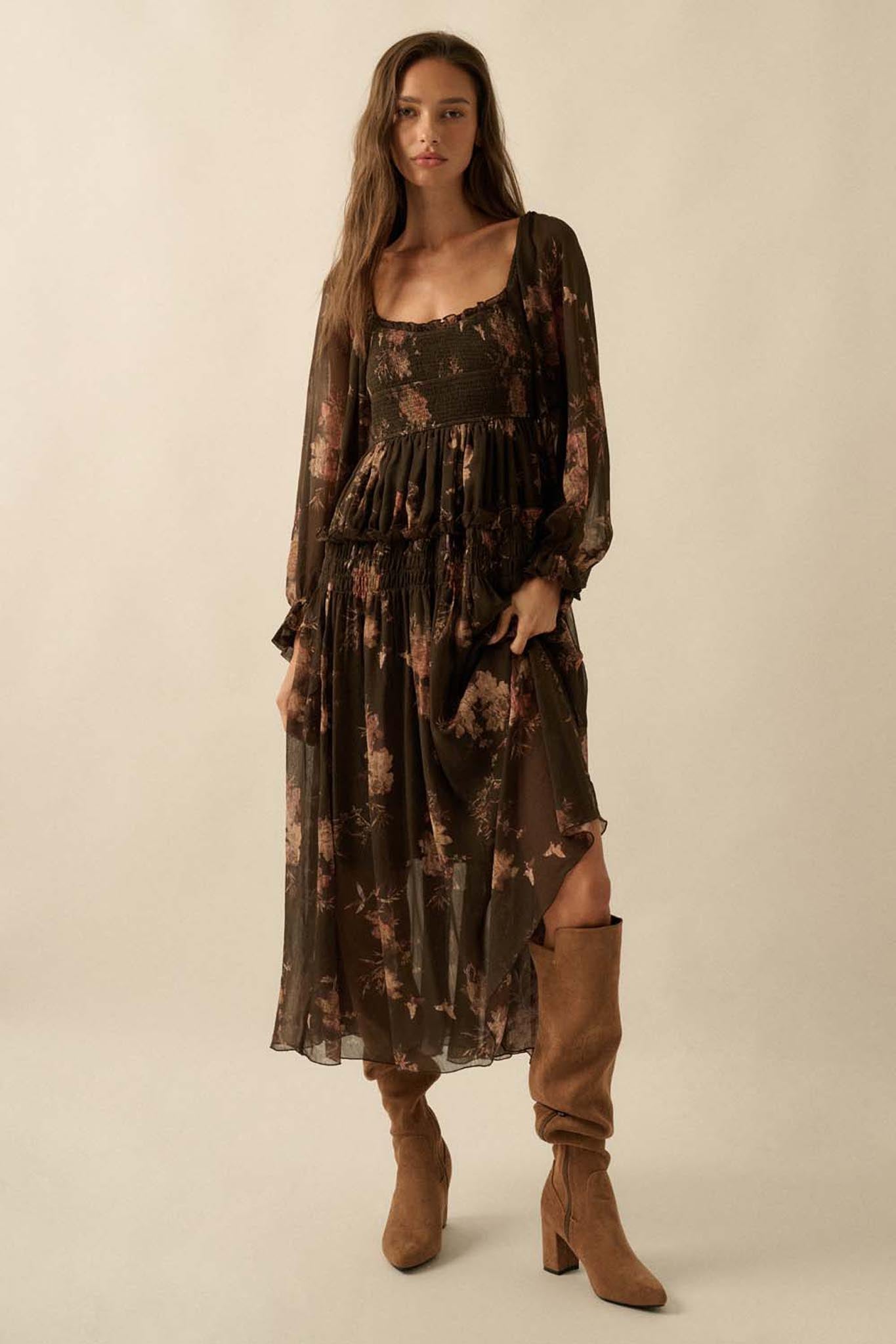 Delicate Blossoms Smocked Floral Chiffon Midi Dress
