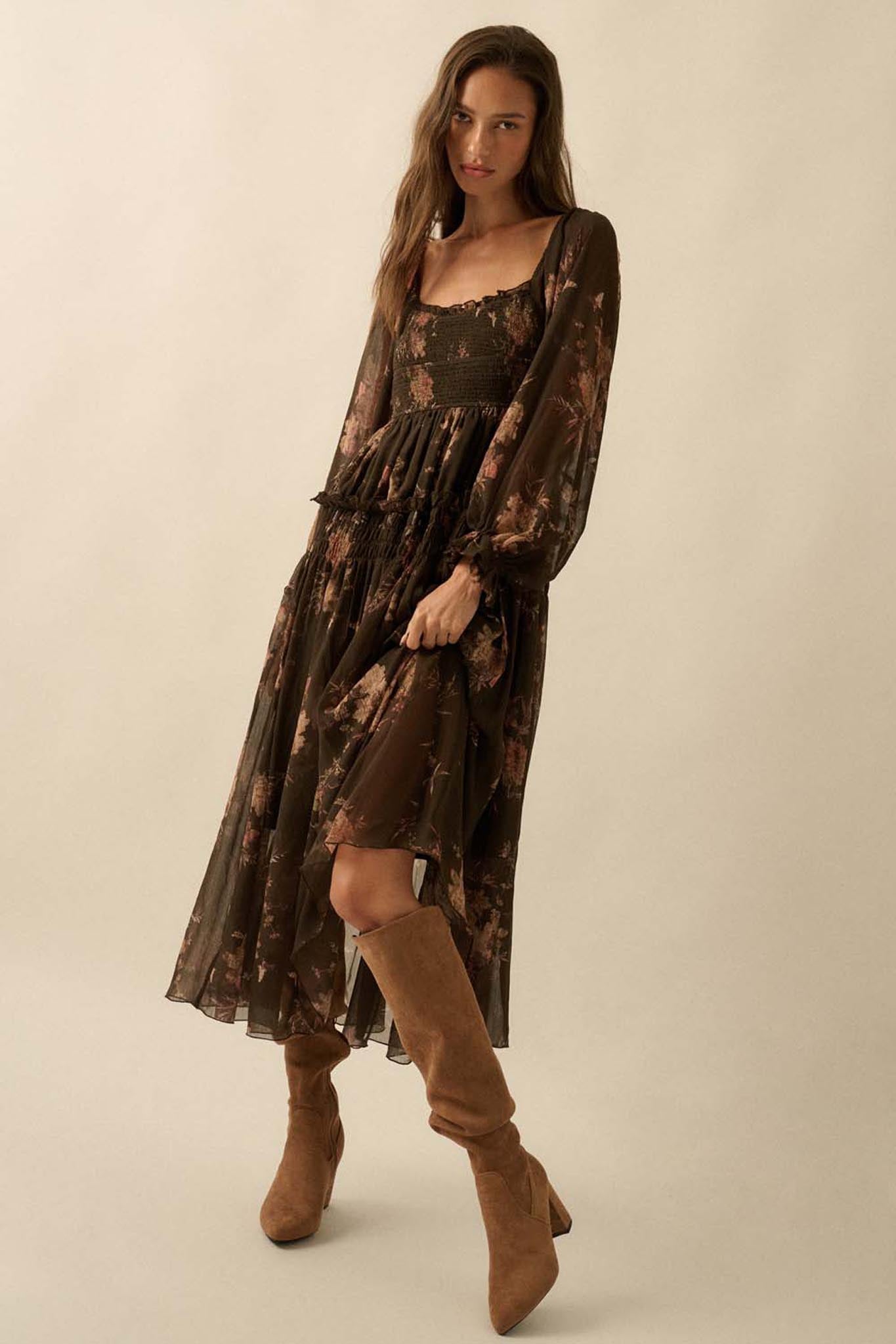 Delicate Blossoms Smocked Floral Chiffon Midi Dress