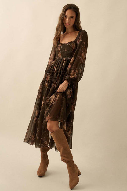 Delicate Blossoms Smocked Floral Chiffon Midi Dress