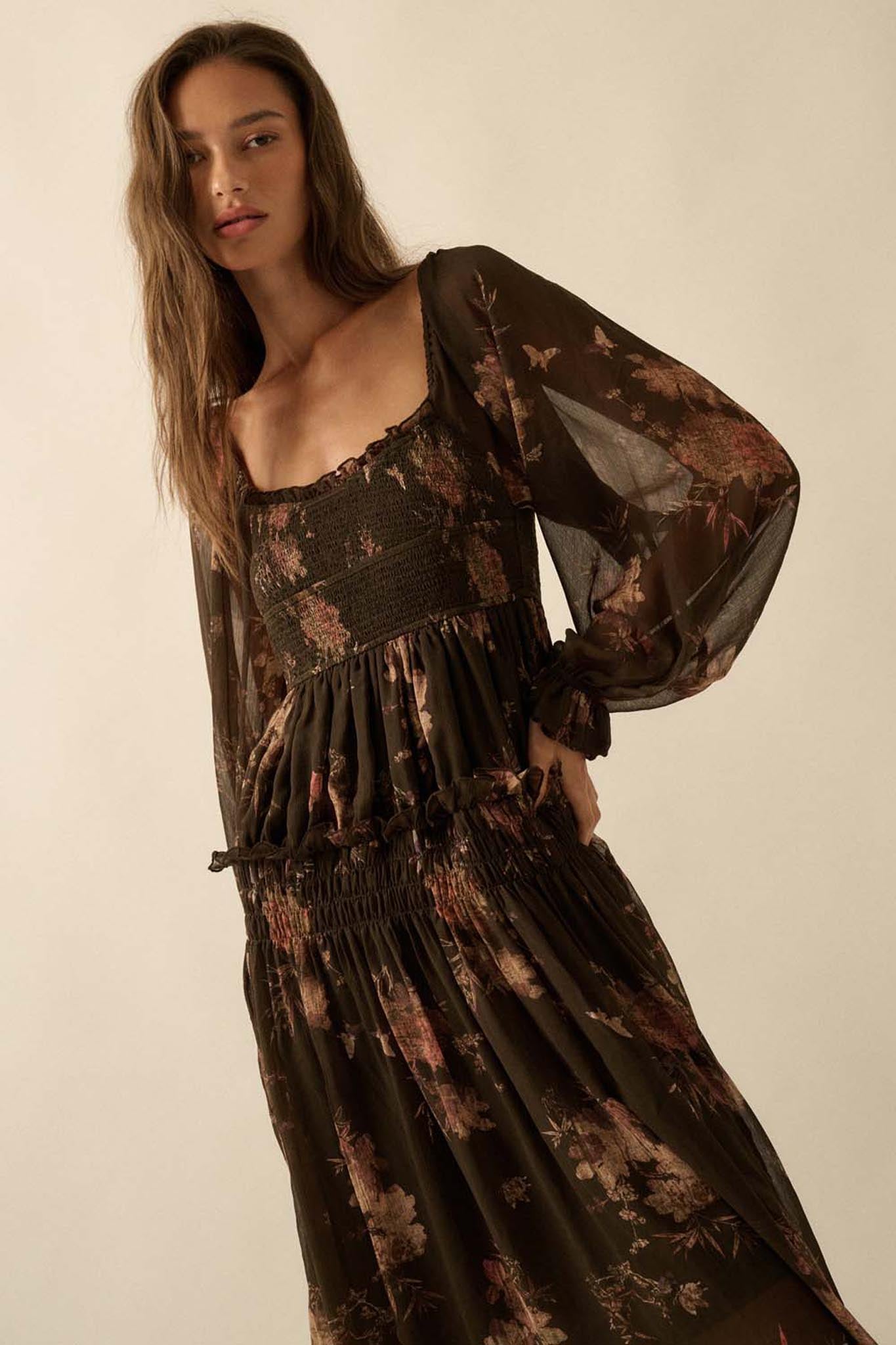 Delicate Blossoms Smocked Floral Chiffon Midi Dress