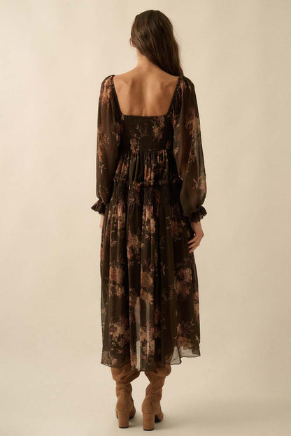 Delicate Blossoms Smocked Floral Chiffon Midi Dress