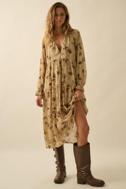Faded Flowers Tiered Floral Midi Prairie Dress