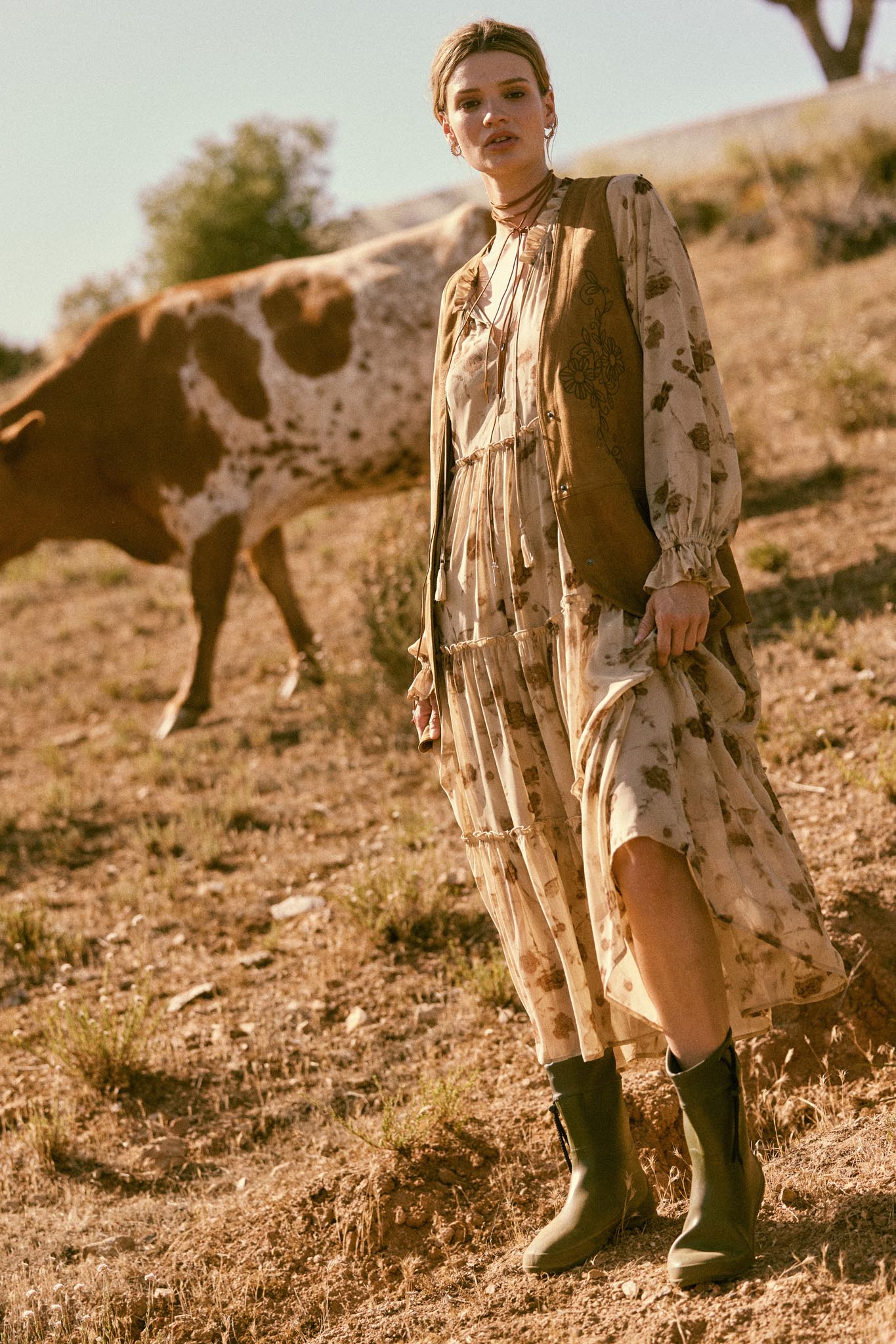Faded Flowers Tiered Floral Midi Prairie Dress