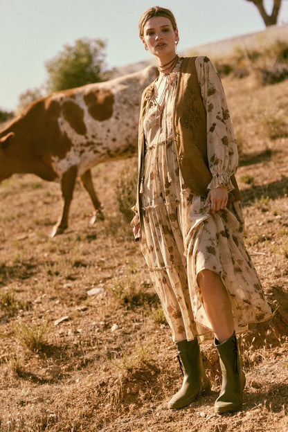 Faded Flowers Tiered Floral Midi Prairie Dress