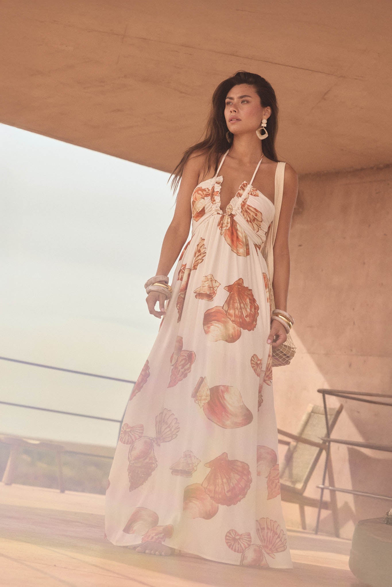 Shell Seeker Shell-Print Tie-Back Halter Maxi Dress