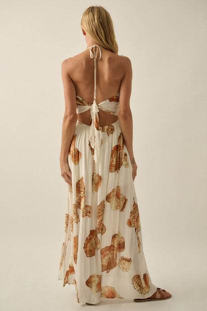 Shell Seeker Shell-Print Tie-Back Halter Maxi Dress