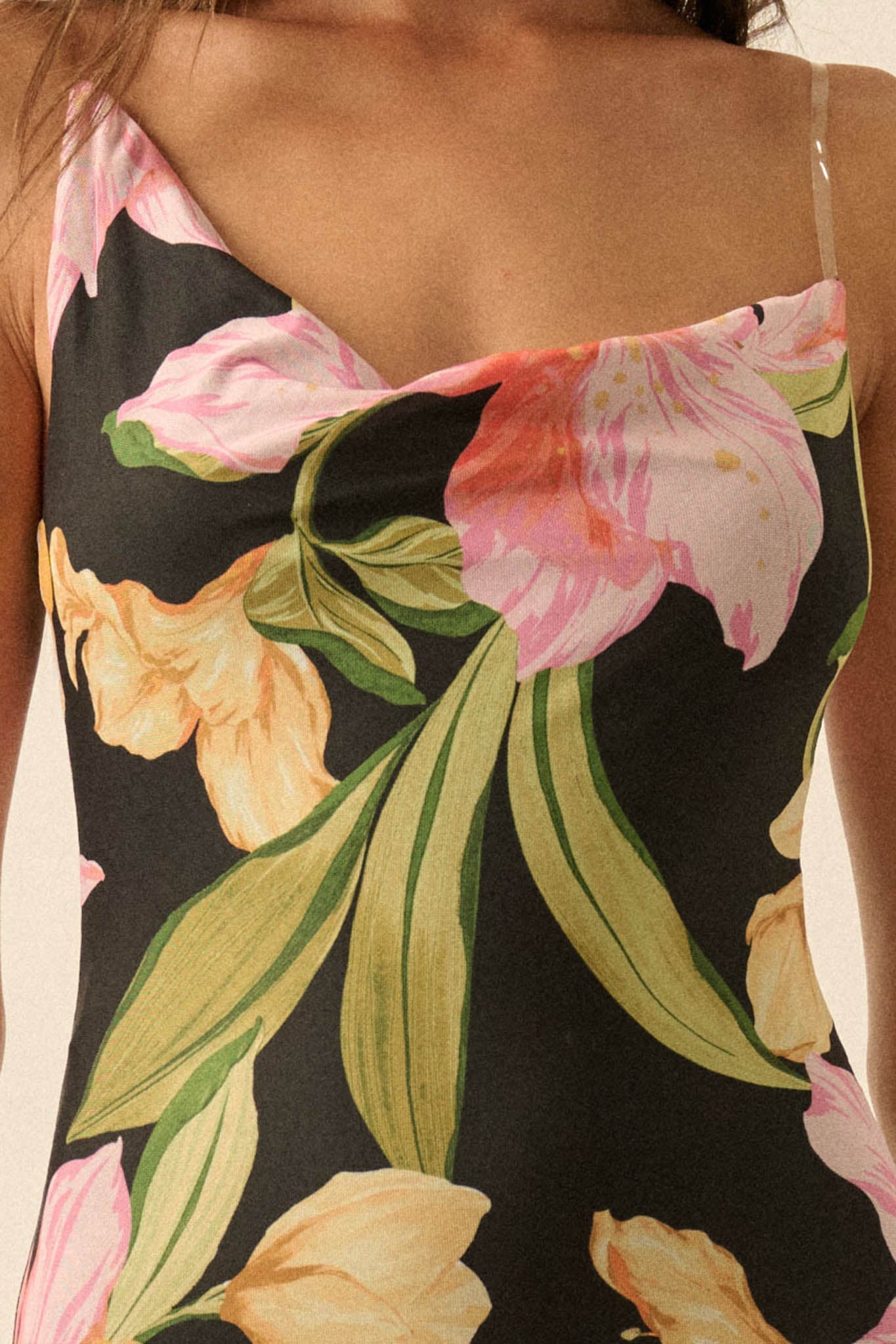 Lush Blooms Floral Mesh Asymmetrical Midi Dress