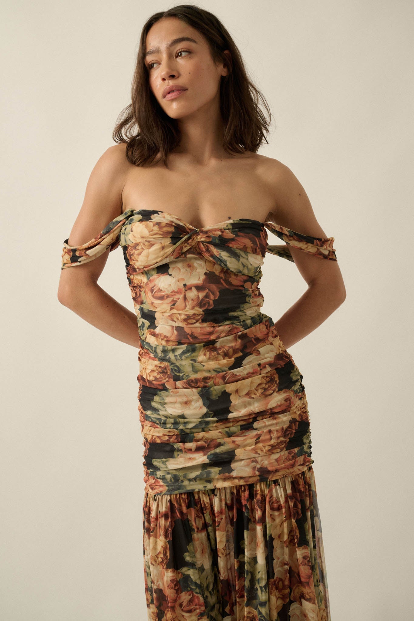 Ravishing Roses Floral Mesh Ruched Maxi Dress