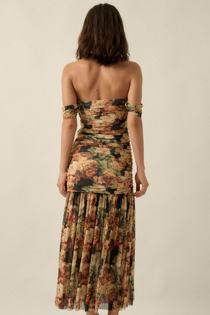 Ravishing Roses Floral Mesh Ruched Maxi Dress