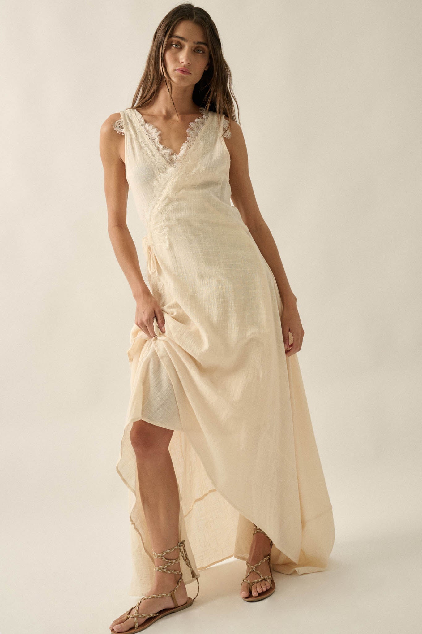 Finally Free Cotton Gauze and Lace Wrap Maxi Dress