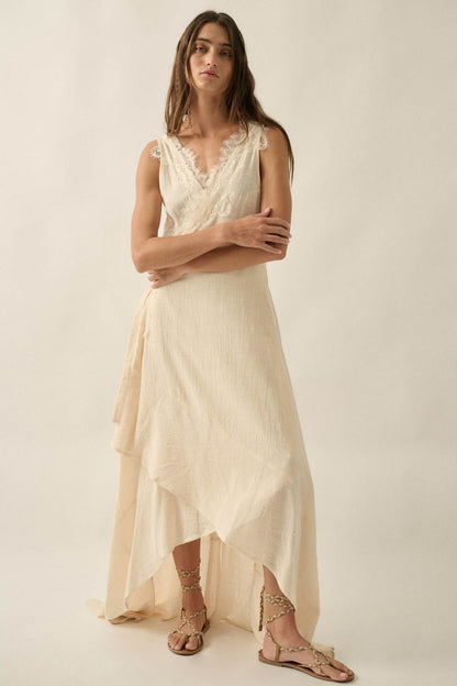 Finally Free Cotton Gauze and Lace Wrap Maxi Dress