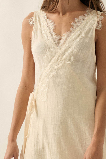Finally Free Cotton Gauze and Lace Wrap Maxi Dress