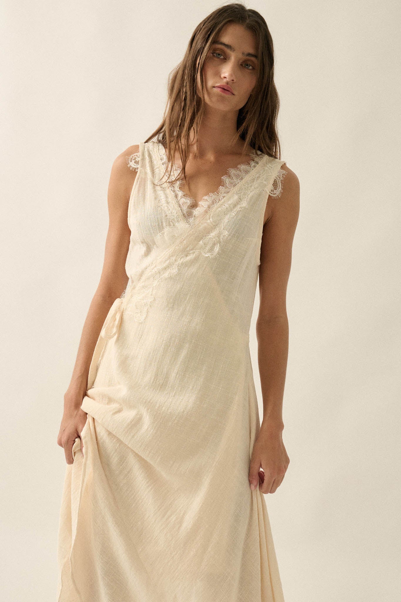 Finally Free Cotton Gauze and Lace Wrap Maxi Dress