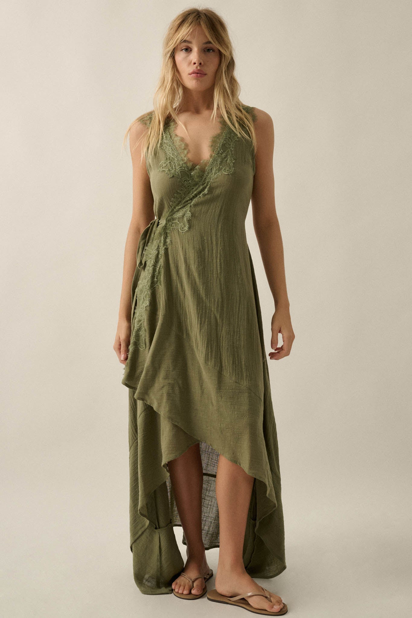 Finally Free Cotton Gauze and Lace Wrap Maxi Dress
