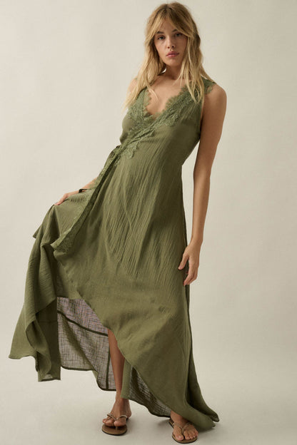 Finally Free Cotton Gauze and Lace Wrap Maxi Dress