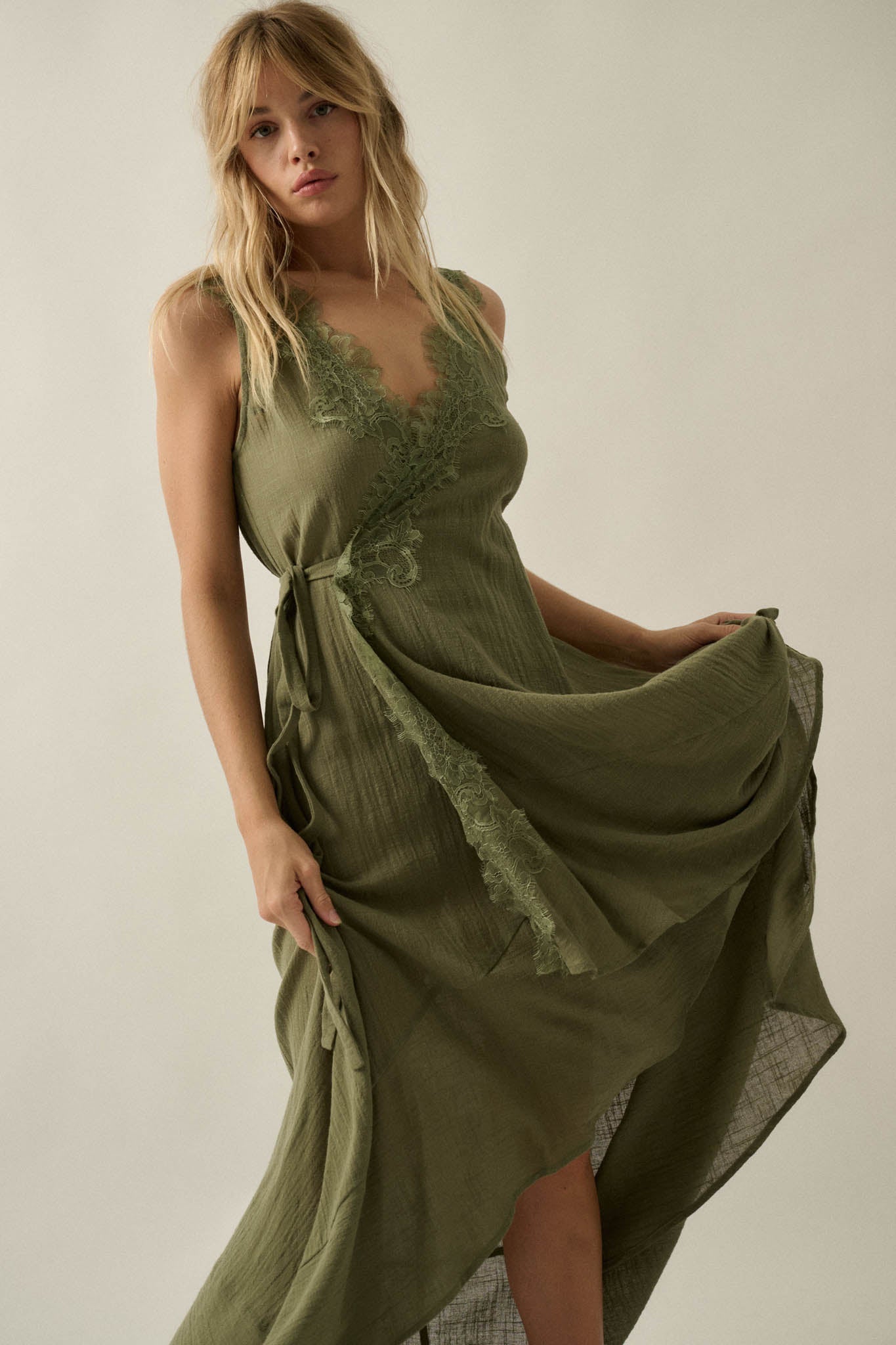Finally Free Cotton Gauze and Lace Wrap Maxi Dress